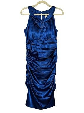 Sangria Blue Satin Cocktail Dress Size 12 Fitted‎ Bodycon Ruched Wedding Formal